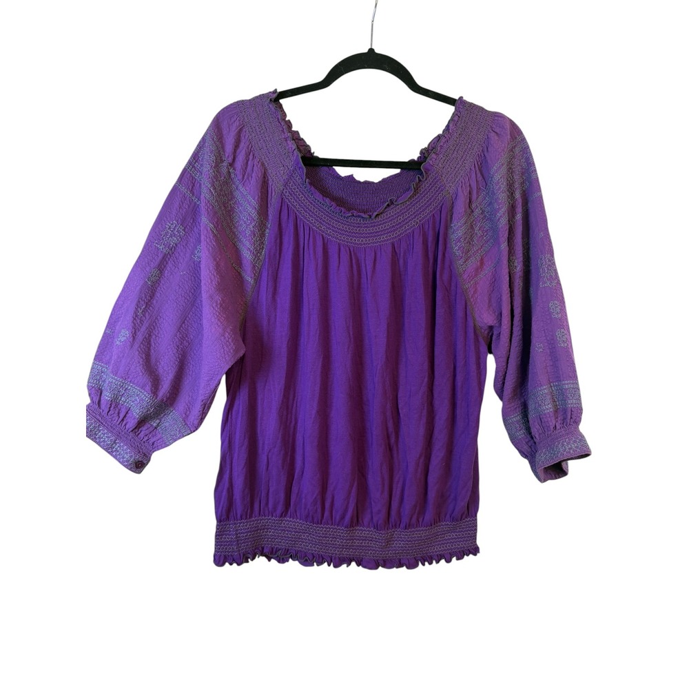 Free People vintage Purple Embroidered Smocked Peasant Blouse Top Medium